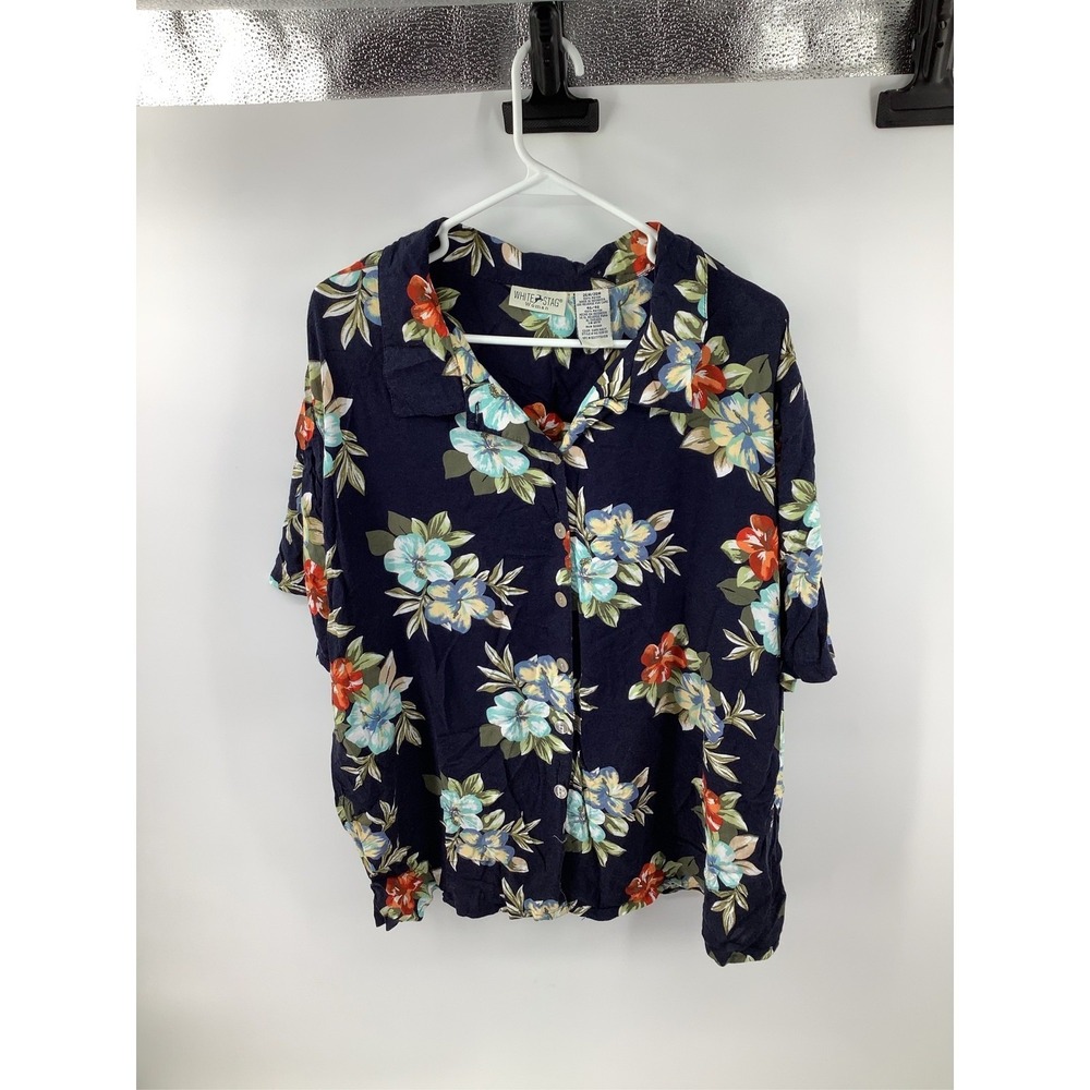 White Stag Woman Dark Navy Floral Rayon Short Sleeve Camp Shirt Plus 26W 28W